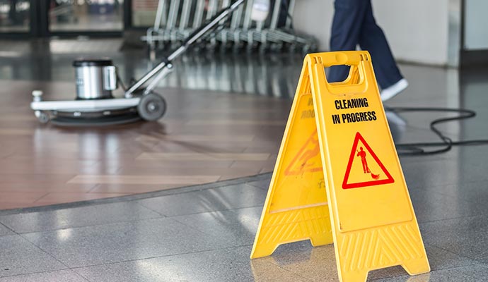 A bright yellow 'Cleaning in Progress' safety sign placed on a polished commercial floor with a floor scrubbing machine operating in the background