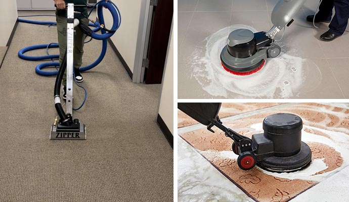 A collage showing a rotary floor machine scrubbing office carpet tiles, floor and carpet