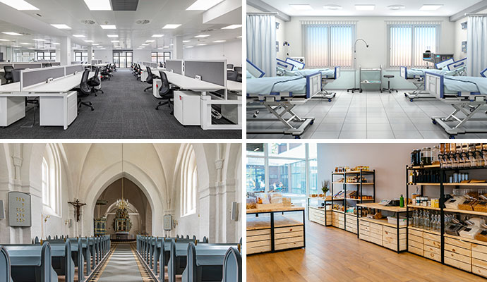 A collage showing four clean commercial environments: a modern office, a healthcare facility, a church sanctuary, and a retail store.