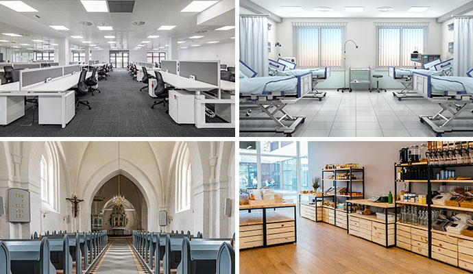 A collage showing clean commercial spaces including an office, healthcare room, church, and retail store.