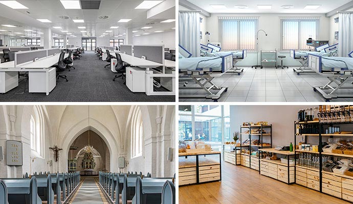 A collage showing diverse commercial spaces including an office, a hospital ward, a church, and a retail store