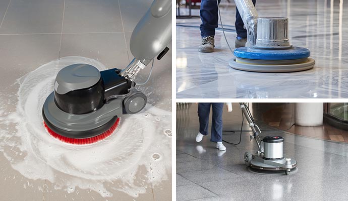 A collage showing different professional floor scrubbing machines deep cleaning and polishing tile and stone surfaces with soapy foam