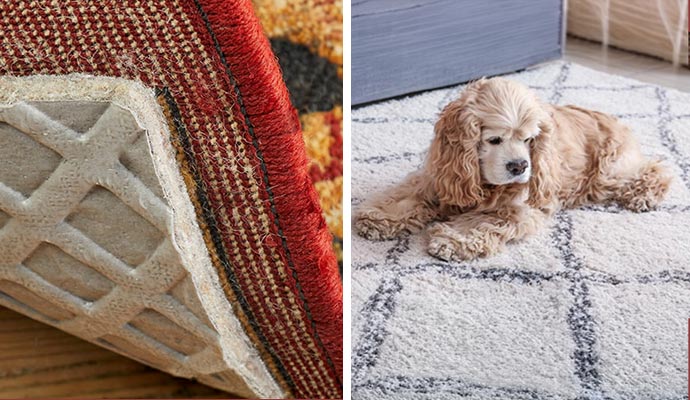 A collage showing a non-slip rug pad and a dog lying on a clean white geometric patterned rug