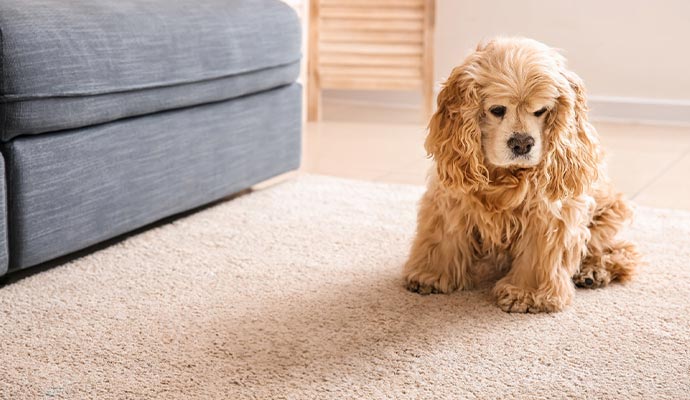 A light brown Cocker Spaniel sitting on a clean beige carpet