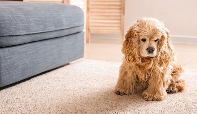 A dog sitting on a clean area rug in a living room, emphasizing pet stain, odor, and allergen removal.