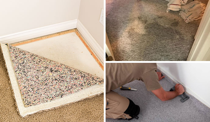A collage showing carpet padding repair, water-damaged carpet restoration, and carpet stretching performed by a professional technician.