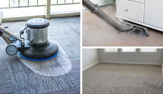 A collage showing professional carpet cleaning including a rotary floor scrubber, a steam cleaning wand, and a freshly vacuumed room