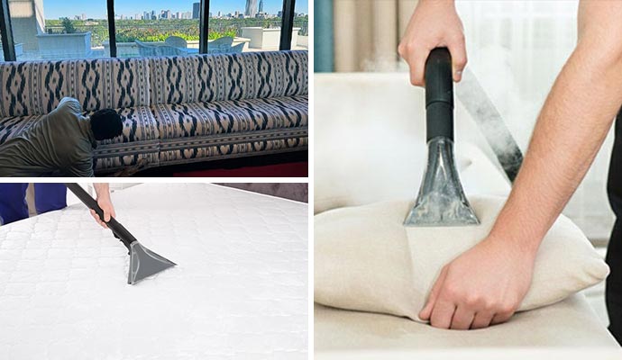 A collage featuring a technician cleaning a patterned sofa, steam extraction on a beige cushion, and deep cleaning of a white mattress