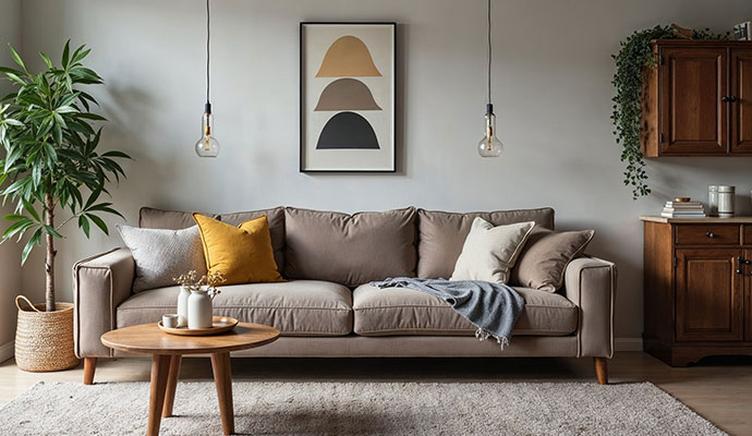 A clean, modern living room with a tan sofa and pillows after professional odor removal and cleaning.