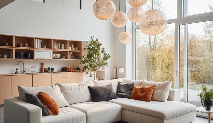 A bright, open-concept living room featuring a large cream sectional sofa with orange and grey pillows