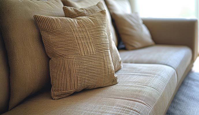 A close-up of a beige textured sofa with a matching patterned throw pillow
